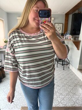 Striped Short Sleeve Top in Pink and Green Size Large